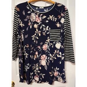 Egs Womens 3XL Navy Blue Floral Striped Mixed Pattern Tunic Top Boho Artsy